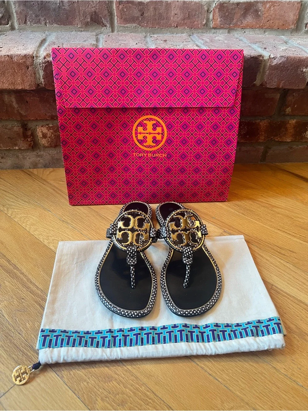 Tory Burch Black & White Leather Embossed Spotted Snake Metal Miller Sandals